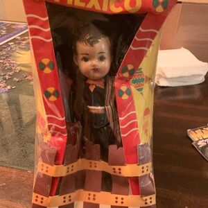 Vintage Mexican Doll painted face molded folk art hat sash shoes in original box